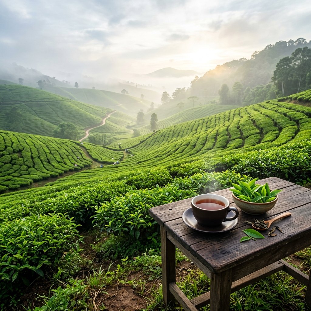 Lush green tea gardens of Assam background